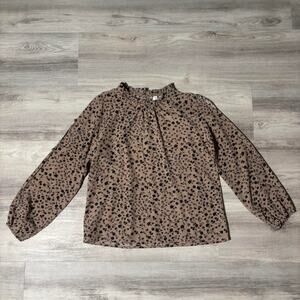Brown Floral Blouse Ruffled Neckline Long Sleeve Cottagecore Top